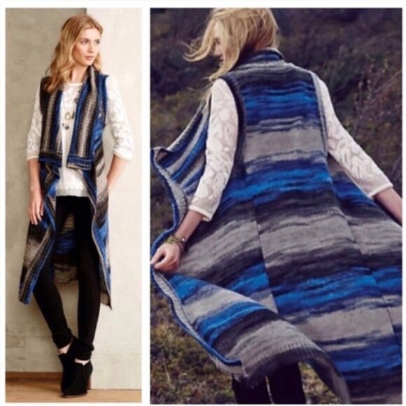 Anthropologie Moth Spacedye Duster Sweater Vest Blue/Gray Black Stripe XS/S - Picture 1 of 10